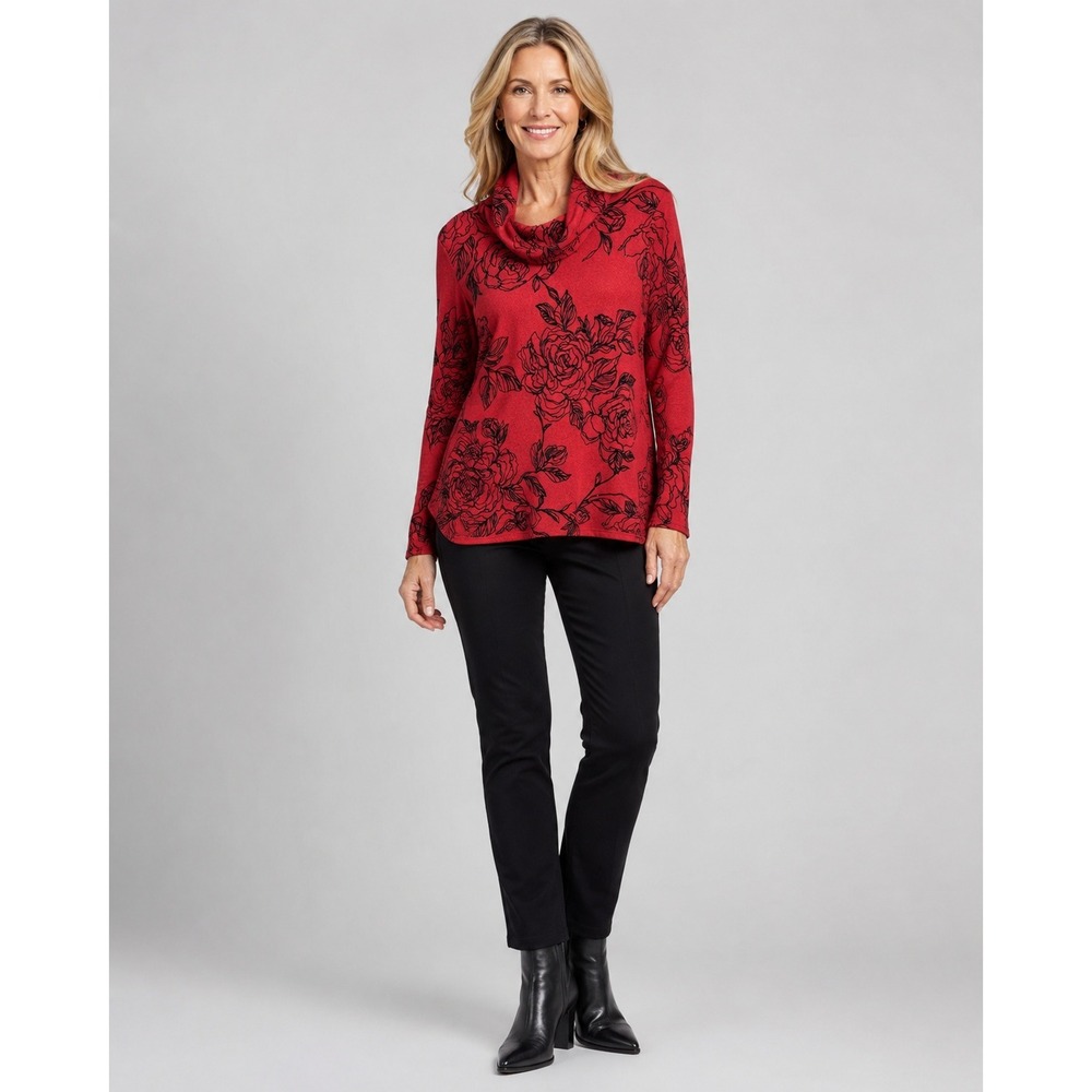 Coco Blanco Turtleneck Sweater Womens XL Red Black Floral Sequin Flutter Sleeve